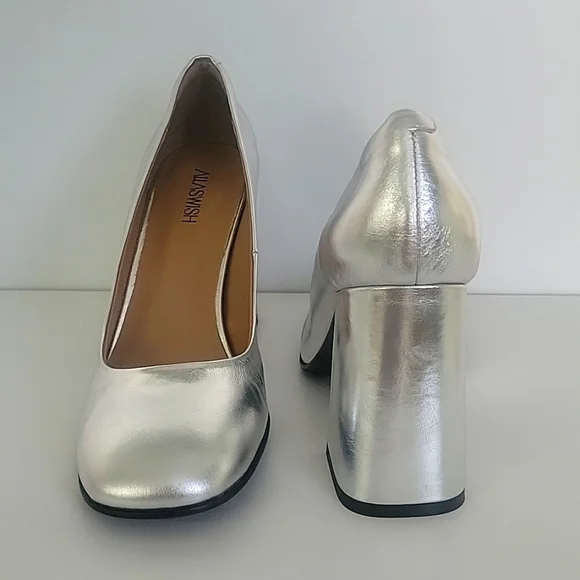 Silver womans high heel chunky heel square toe pumps party dress - Picture 1 of 8